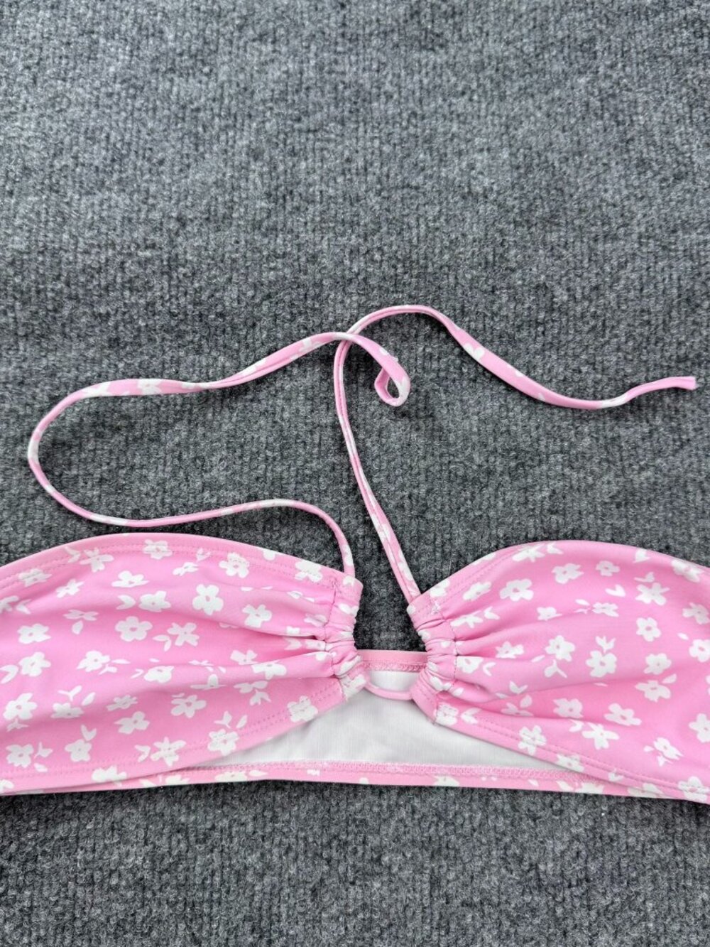 Floral Bandeau Halter Bikini Top Medium Pink White Swimwear Stretch Swim